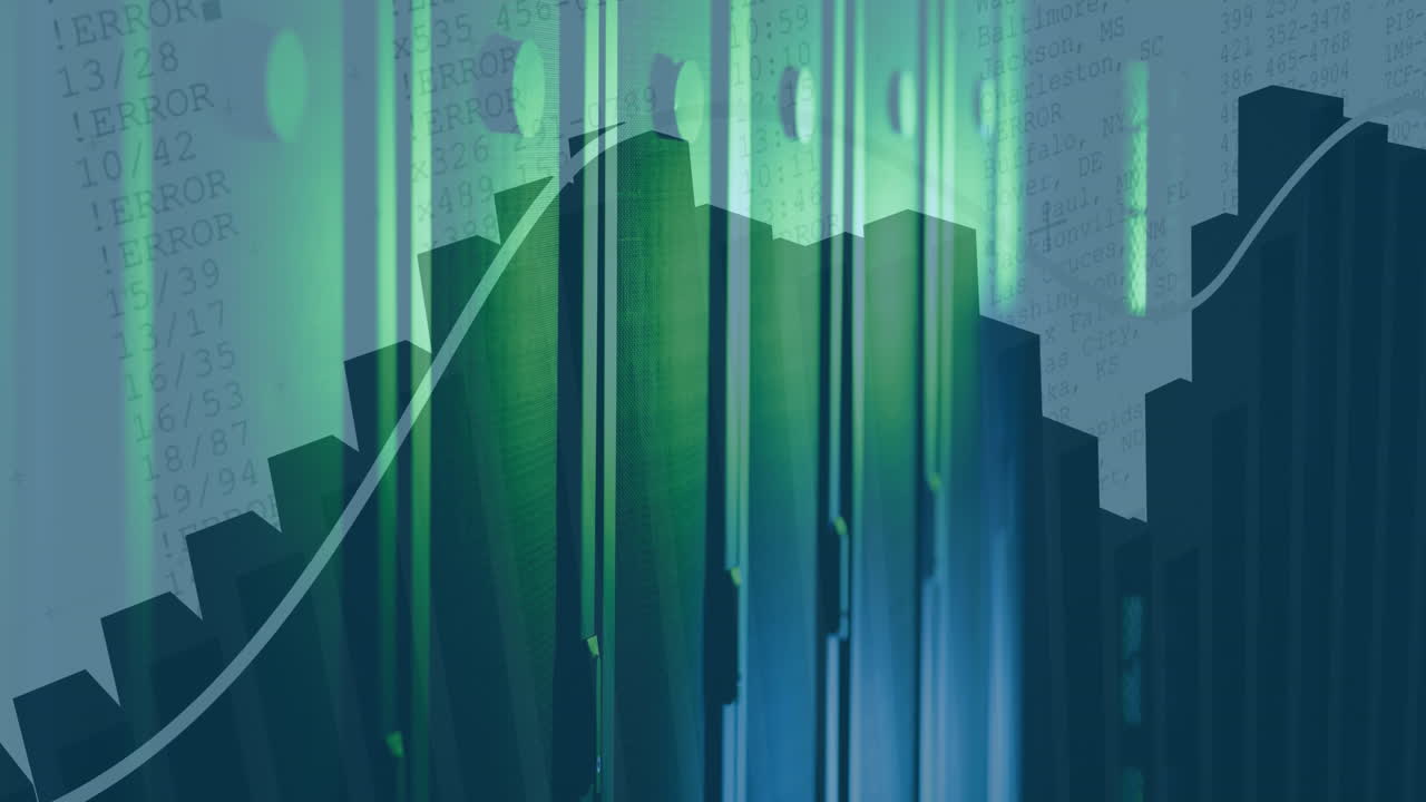 Animation af flere grafer og tal, der bevæger sig over et datacenterlokale