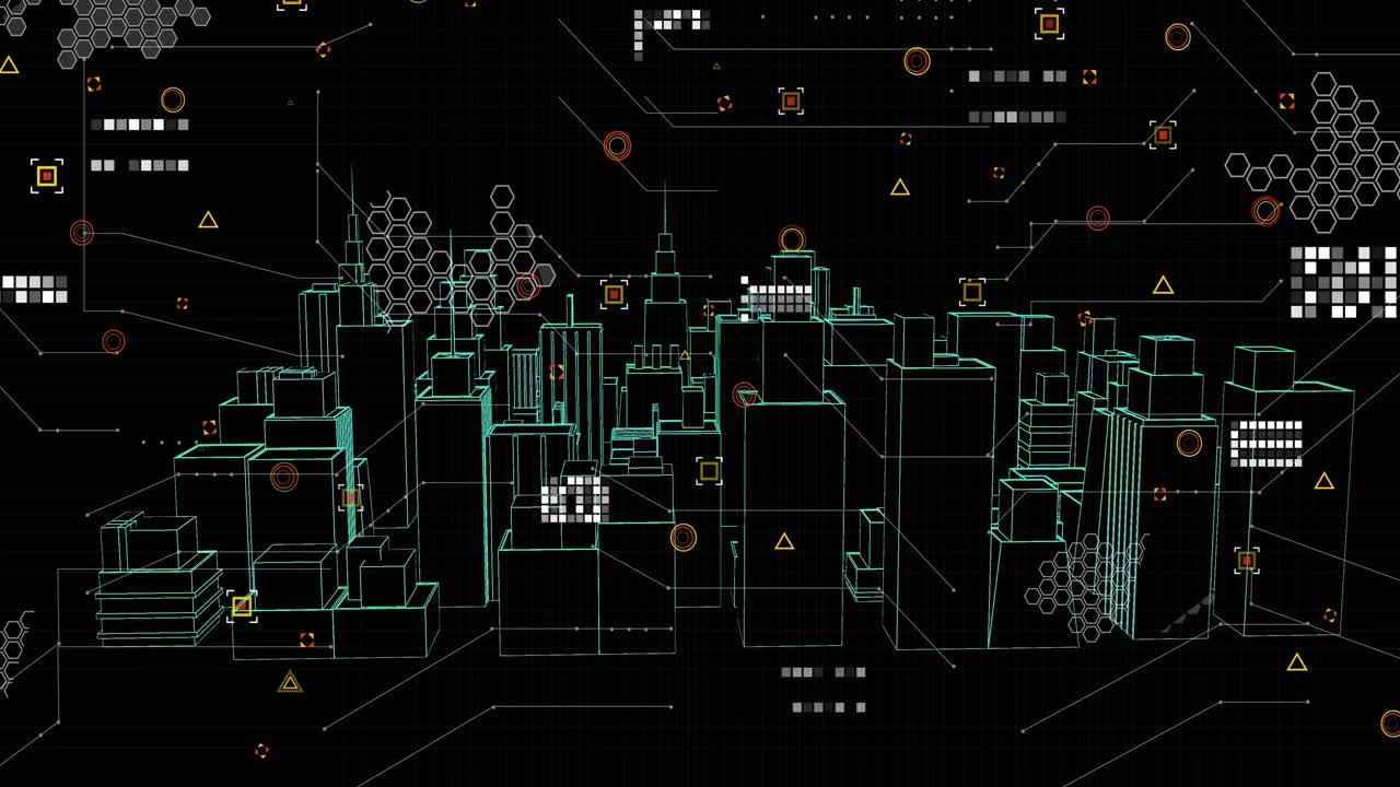 анимация обработки данных над 3d городским пейзажем