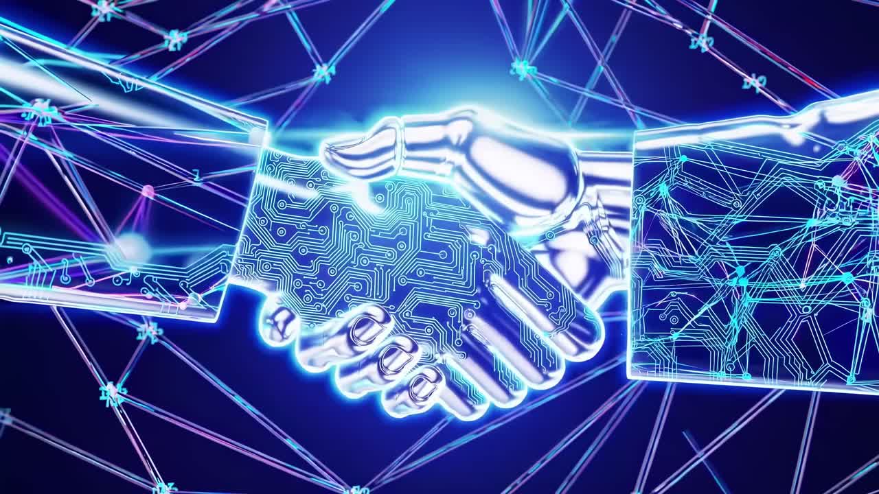 Futuristic video concept of a digital handshake between a human and a robot, captured from a side