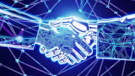 futuristic video concept of a digital handshake between a human and a robot, captured from a side