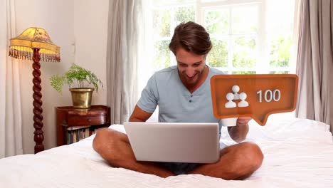 animation of social media icon with growing number over caucasian man using laptop