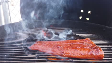 colocar un filete de salmón salvaje marinado en la barbacoa y verlo arder