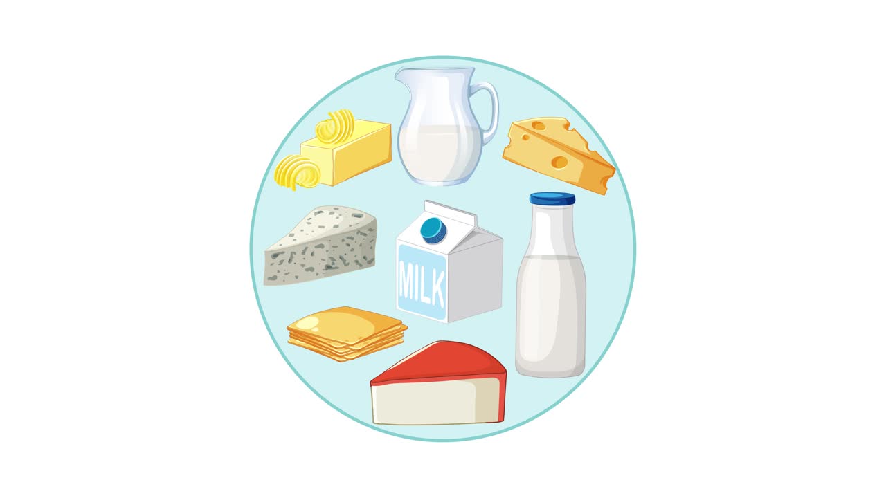 Assorted dairy products smoothly expand outward in a circle on a clean white background