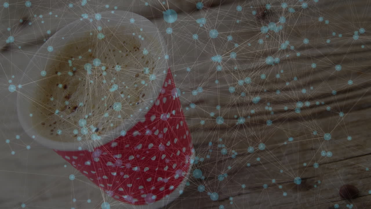 Paper coffee cup being animated in 3D render scene, showing foam topping and network nodes