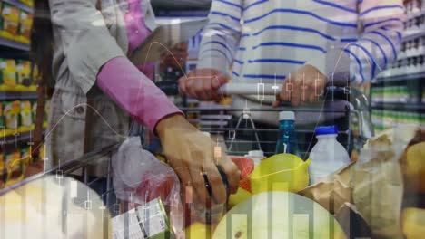 animation of data processing over biracial couple with trolley in shop