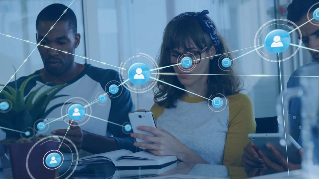 Center woman tapping phone, peers browsing tablets, overlay growing linking devices for tech collab