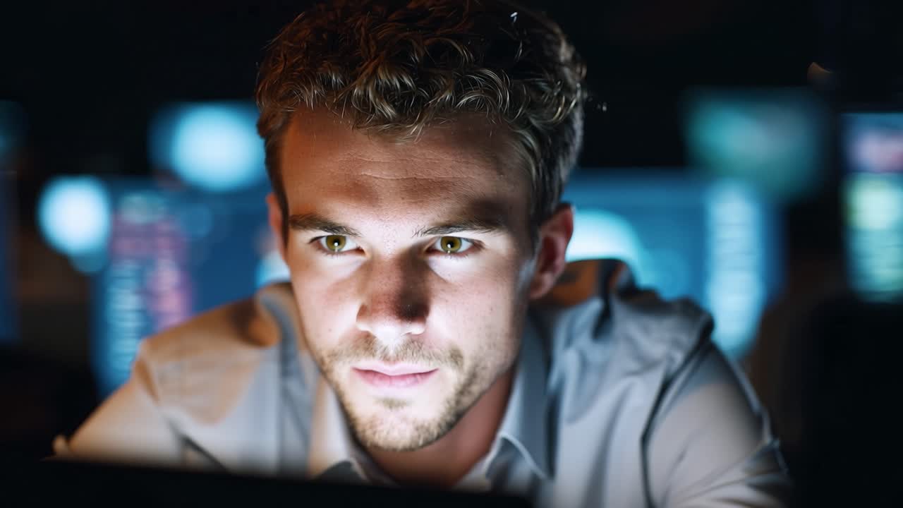 An Intense Focus on Digital Challenges: A Young Man Analyzing Data with Unwavering Concentration Amidst Glowing Screens and Complex Information Display