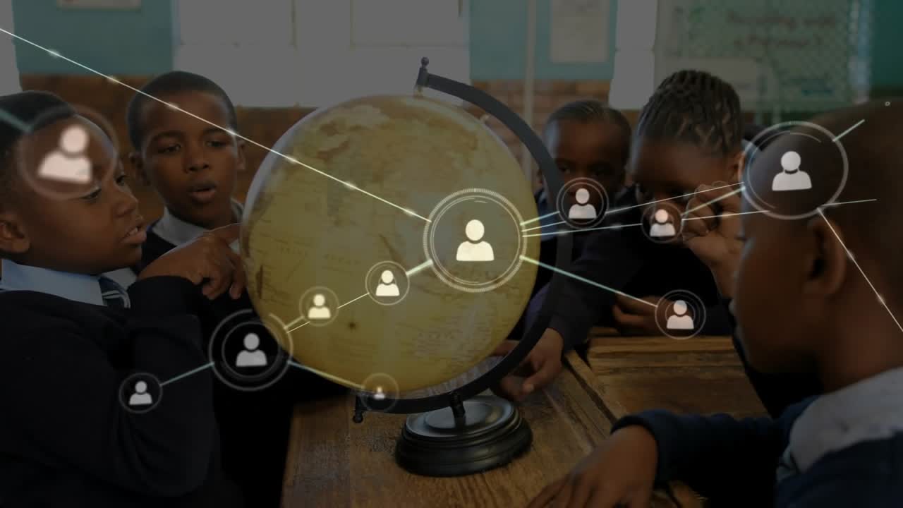 Animatie van een netwerk van verbindingen en een wereldbol over diverse schoolkinderen