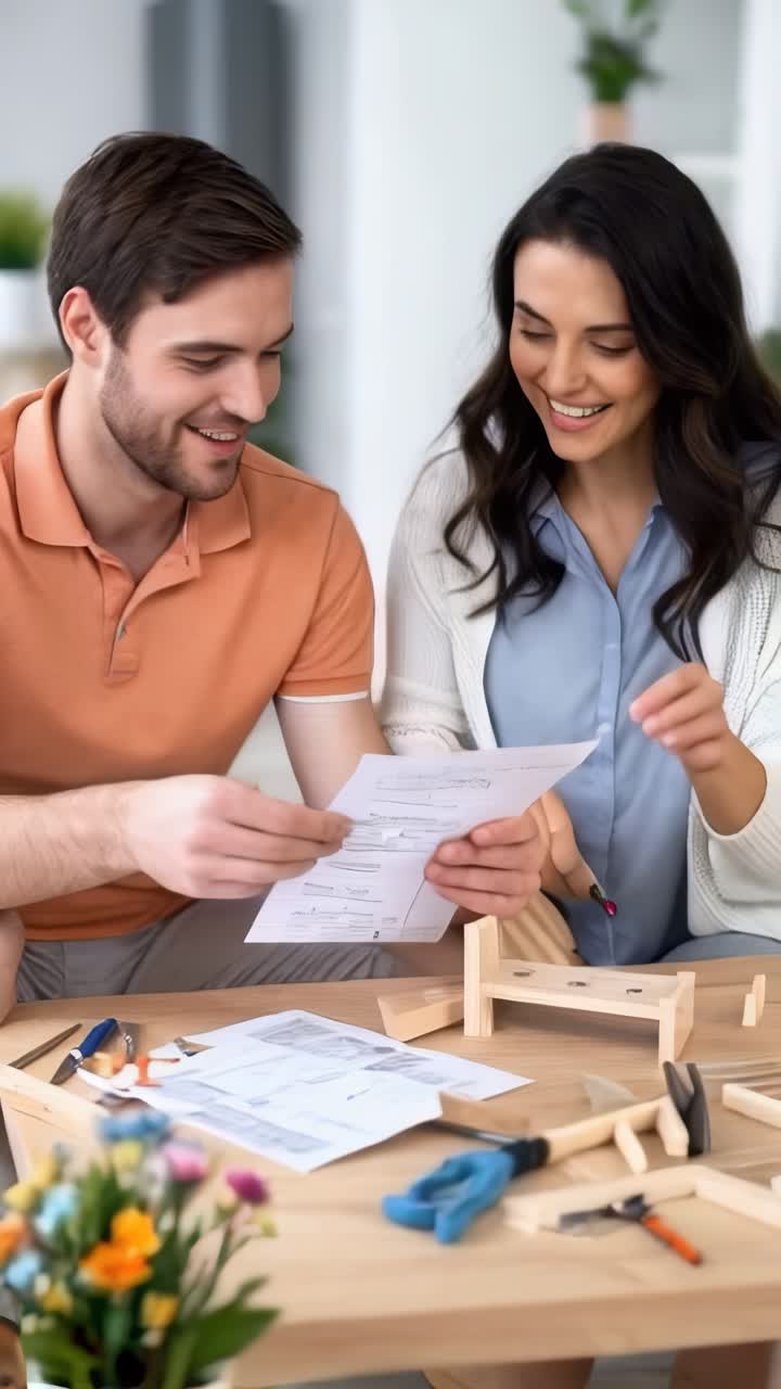 A couple reads the assembly instructions for a small piece of wooden furniture.