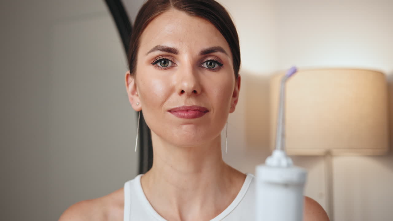 Donna che usa un Waterpik e sorride