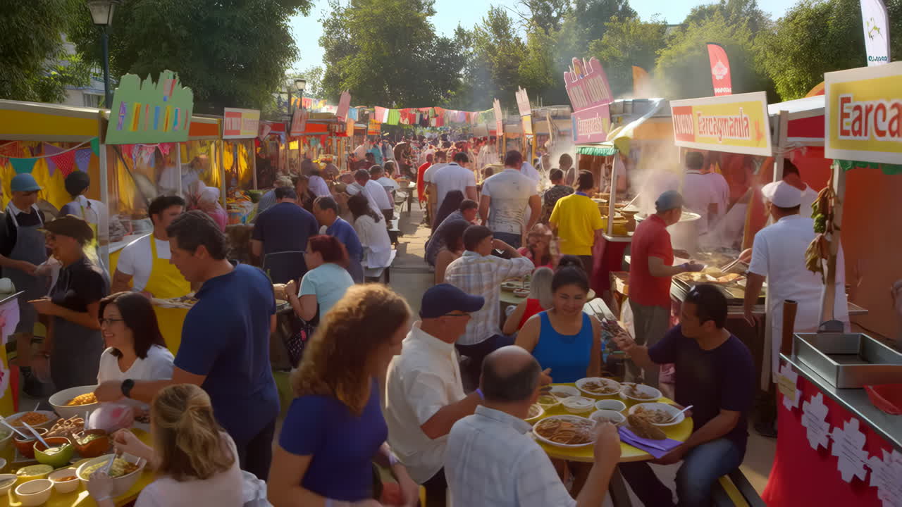 A bustling outdoor food market or festival with many people enjoying food and socializing