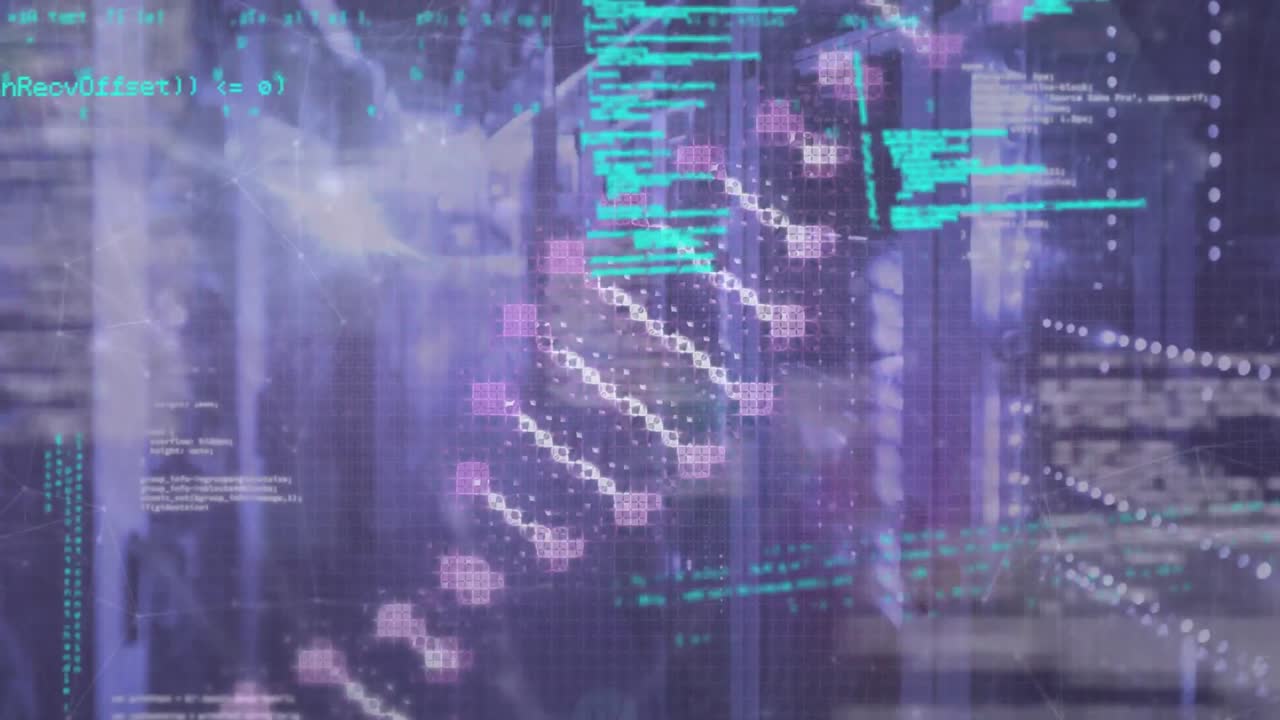 Animation of dna helix and programming language against server room in background