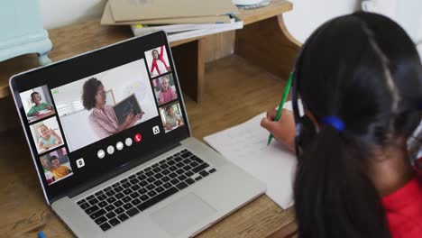 Schoolgirl-using-laptop-for-online-lesson-at-home,-with-diverse-teacher-and-class-on-screen