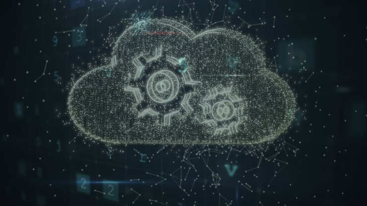 Animation of network of connections, malware, scanning, cloud with cogs on black background