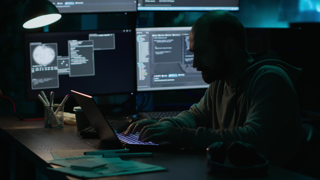 Man hacking on a computer in the dark