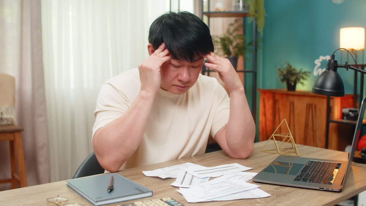 Asian man holding head over unpaid bills calculator and laptop on table showing financial stress
