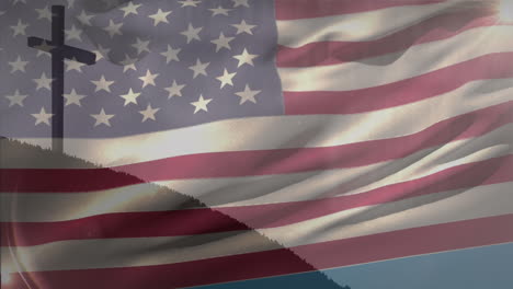 animación de la cruz cristiana y la bandera de los estados unidos de américa.