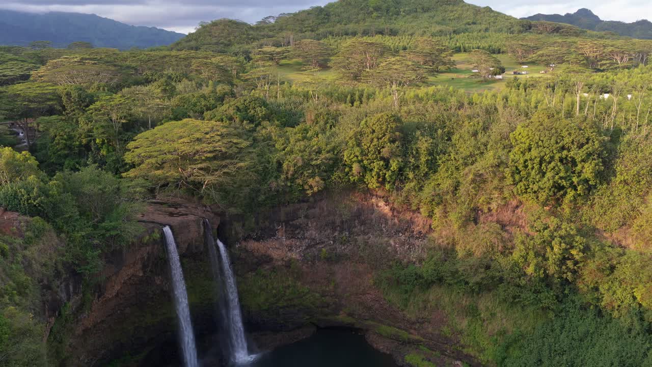 4K aerial of Wailua Falls in Kauai, Hawaii, USA
