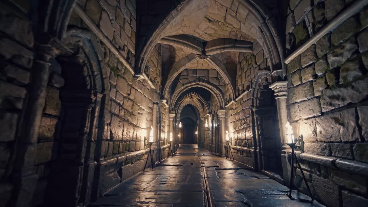 A video showcasing a medieval stone corridor with arched ceilings, lit by torches