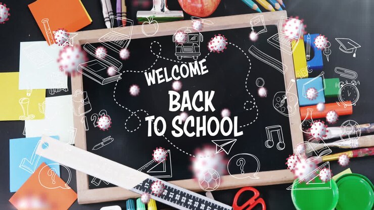 Welcome Back to School with Coronavirus cells over school items.
