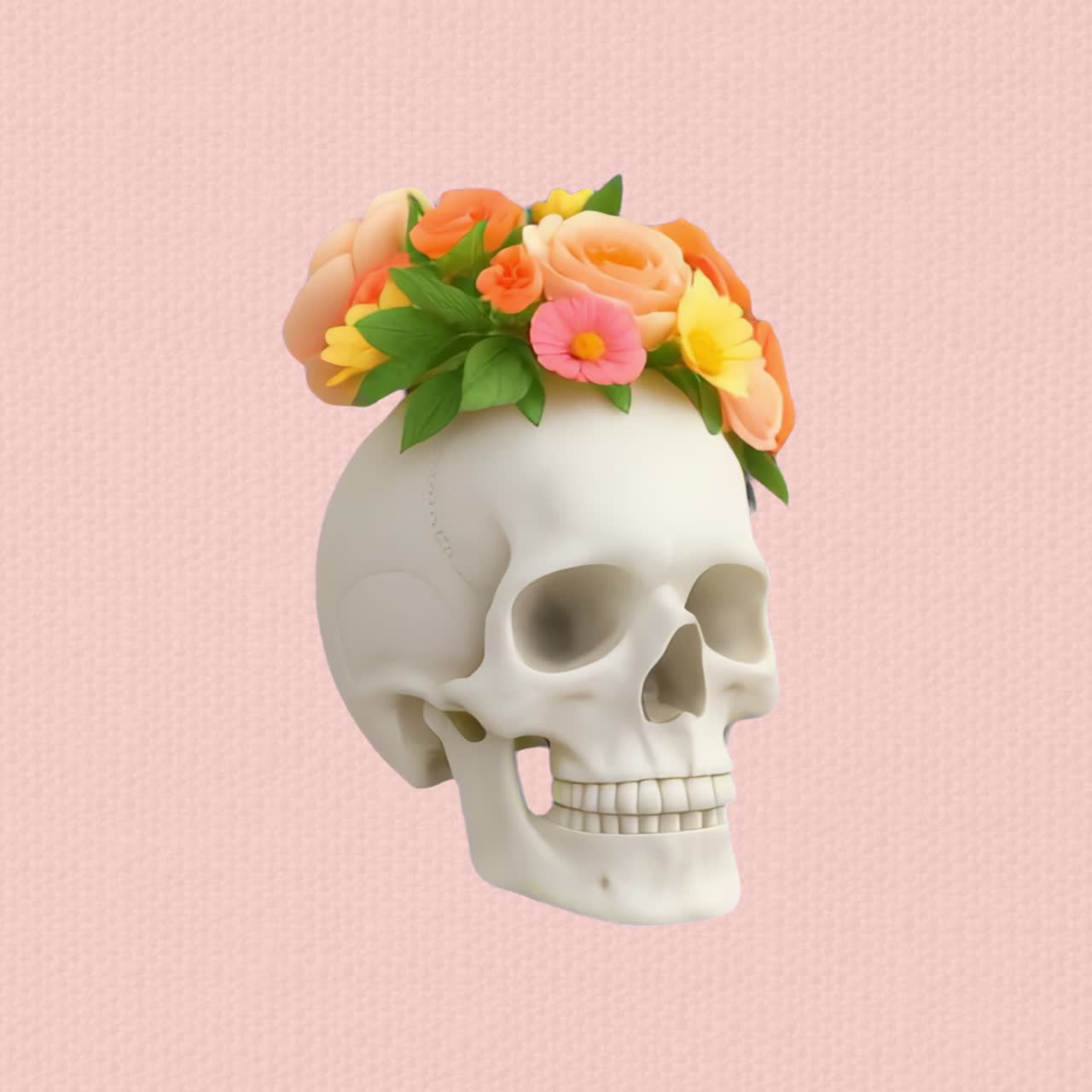 Skull adorned with vibrant flowers animation isolated asset, transparent 4K video, alpha channel