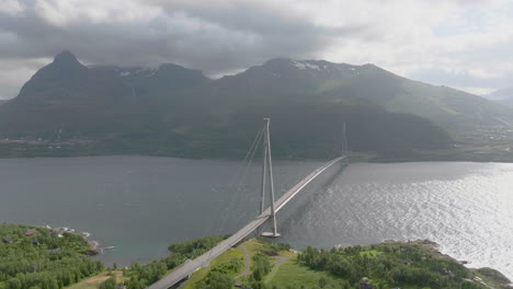 peaceful aerial drone view of the haalogalands bridge, norway