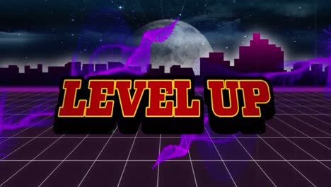 Animation-of-level-up-text-and-city-over-shapes