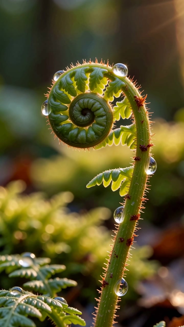 Vista macro ravvicinata segue la punta arricciata di una felce che si apre gradualmente mentre goccioline d'acqua arrotondate brillano lungo peli sottili e foglioline emergenti, con la luce solare dorata e il morbido fogliame verde sfocato sullo sfondo