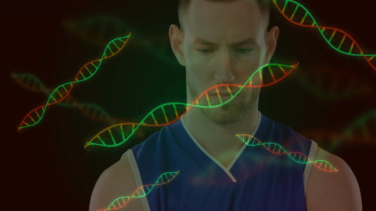 Male athlete examining floating neon DNA helixes in dark digital space, showcasing health tech