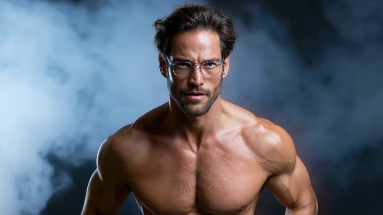 Ritratto intenso di un uomo muscoloso con gli occhiali in un'atmosfera drammatica, che cattura sicurezza e forza su uno sfondo fumoso.