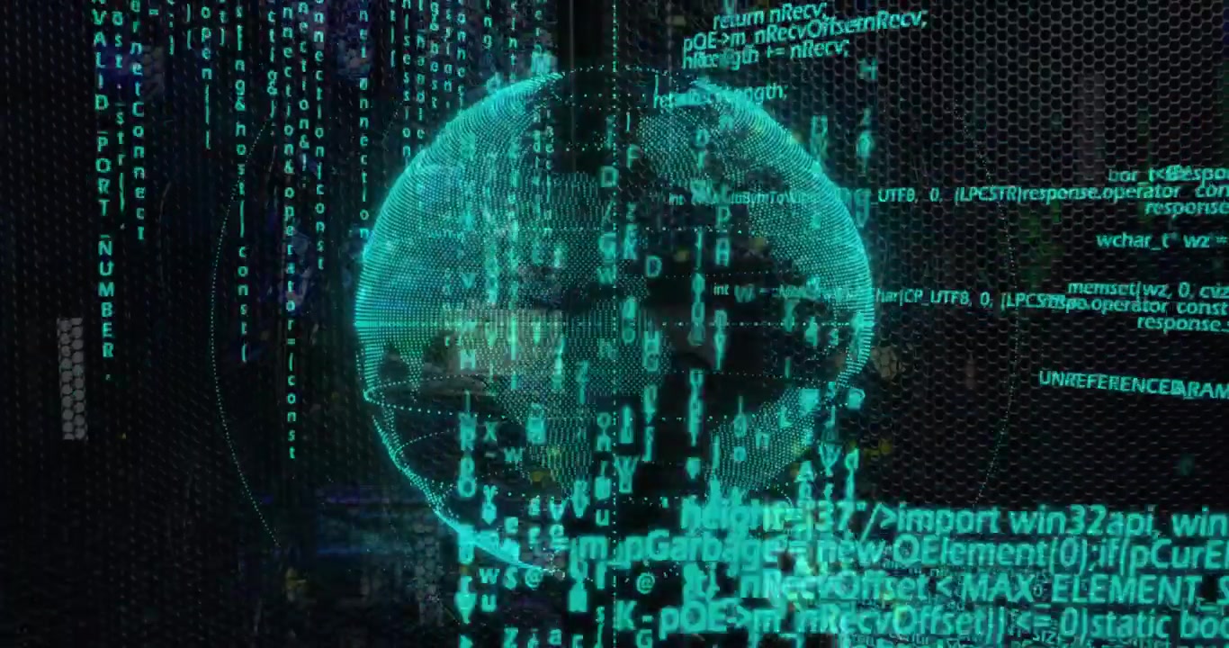 Wireframe globe appearing activating streaming code rotating pulsing data rings computing results