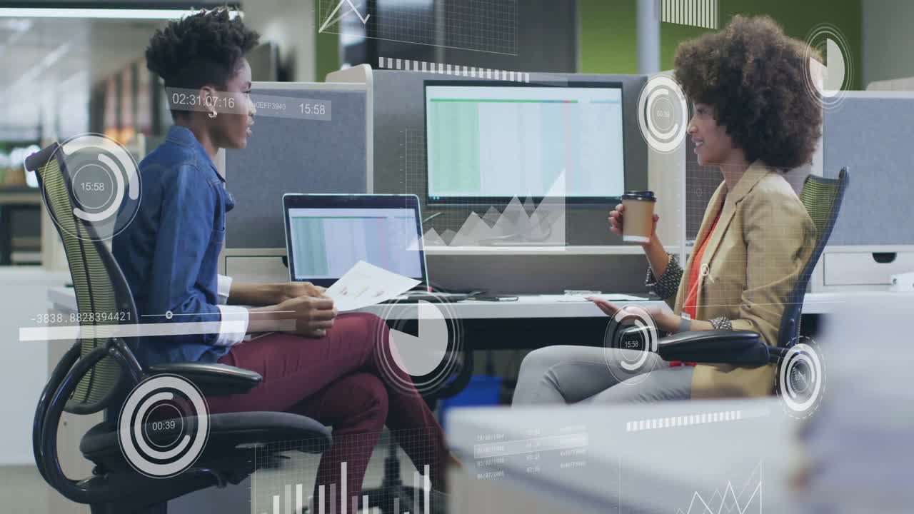 Woman picking up report and scanning charts prompts coworker explaining business data with overlays