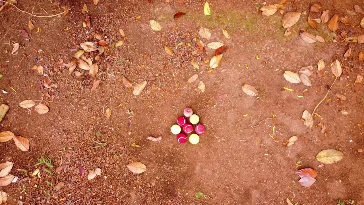 Visão superior com zoom afastando de bolas de tênis vermelhas e amarelas dispostas em formato de flor sobre um chão vermelho com folhas secas