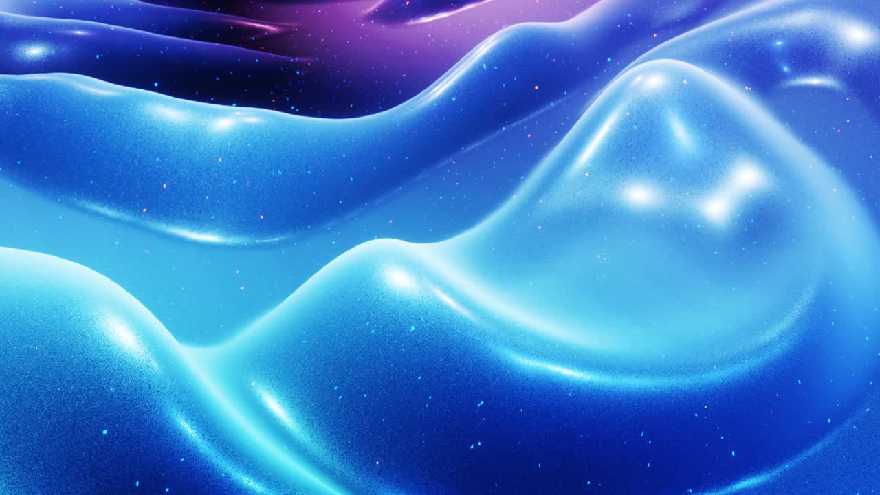 fantastical festive blue bg. Stylish abstract looped background, waves move on glossy surface like landscape made of liquid blue wax with sparkles. Beautiful soft background with smooth animation 4k