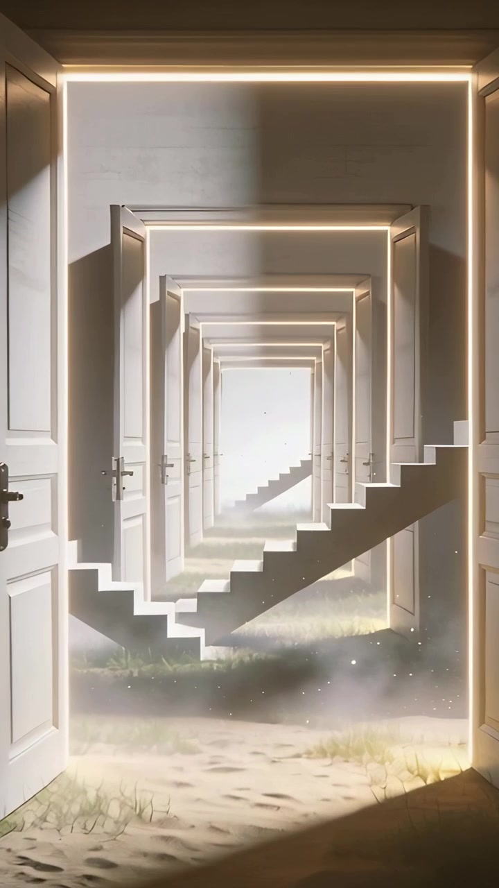 Video verticale: Telecamera in movimento che rivela porte e una scala sospesa in un corridoio verso una luce intensa.