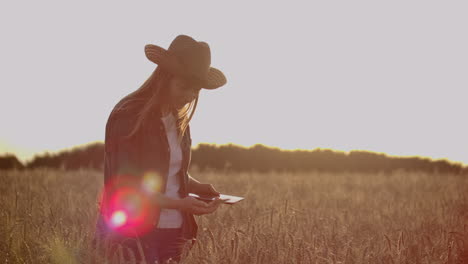 A-farmer-girl-with-a-tablet-computer-in-her-hands-examines-the-ears-of-rye-and-enters-data-into-the-tablet-computer