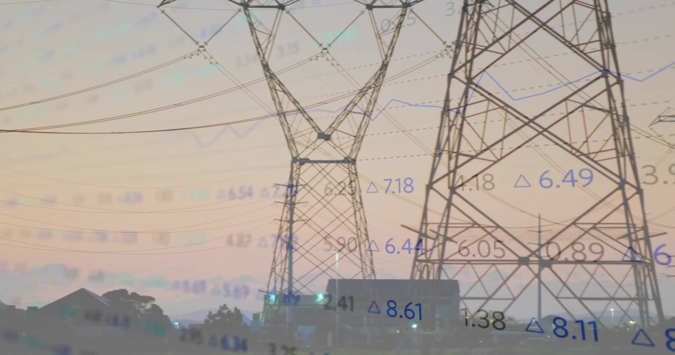 Financial overlays appearing over dusk skyline guiding camera panning over rooftops to steel pylons