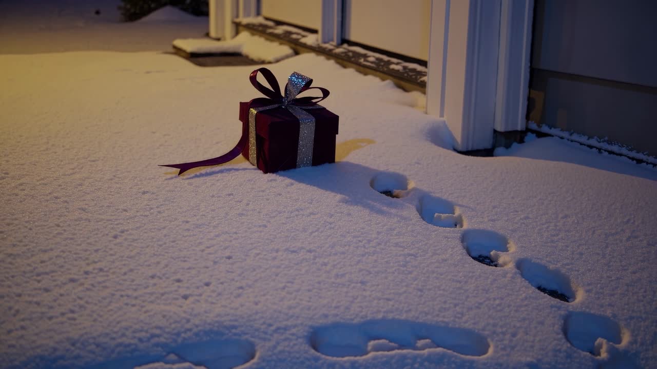 Gift box adorned with a shiny ribbon rests on fresh snow, surrounded by footprints leading away, creating a whimsical winter scene of anticipation and mystery