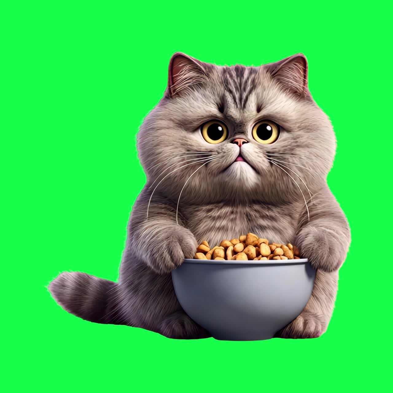 Animation einer flauschigen Katze, die eine Schüssel hält, transparentes 4K-Video, Greenscreen