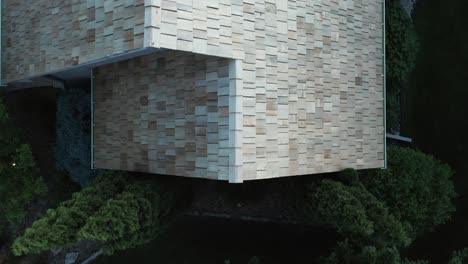 aerial top down, wooden roof shingle tiles on upscale house