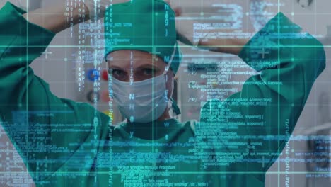 animación del procesamiento de datos sobre una cirujana caucásica que se pone una máscara facial