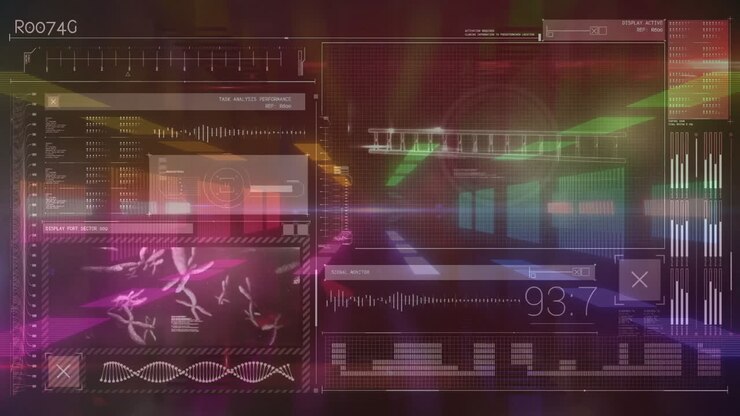 Animation of colorful data visualizations and graphs on digital interface background