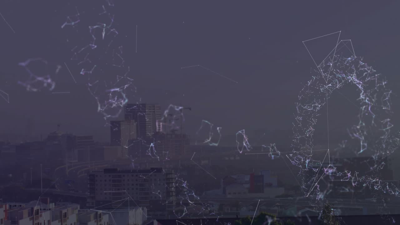Wireframe fluttuanti che formano una maglia, particelle pulsanti che convergono in un anello di energia per l'attivazione della rete