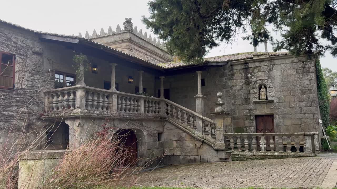 16th-century Galician stone manor house. Panning at day time