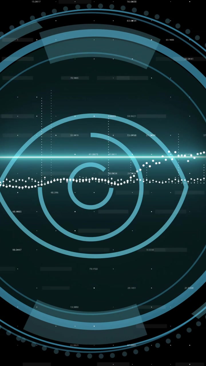 Animation of data processing over syber security text and scope scanning on black background