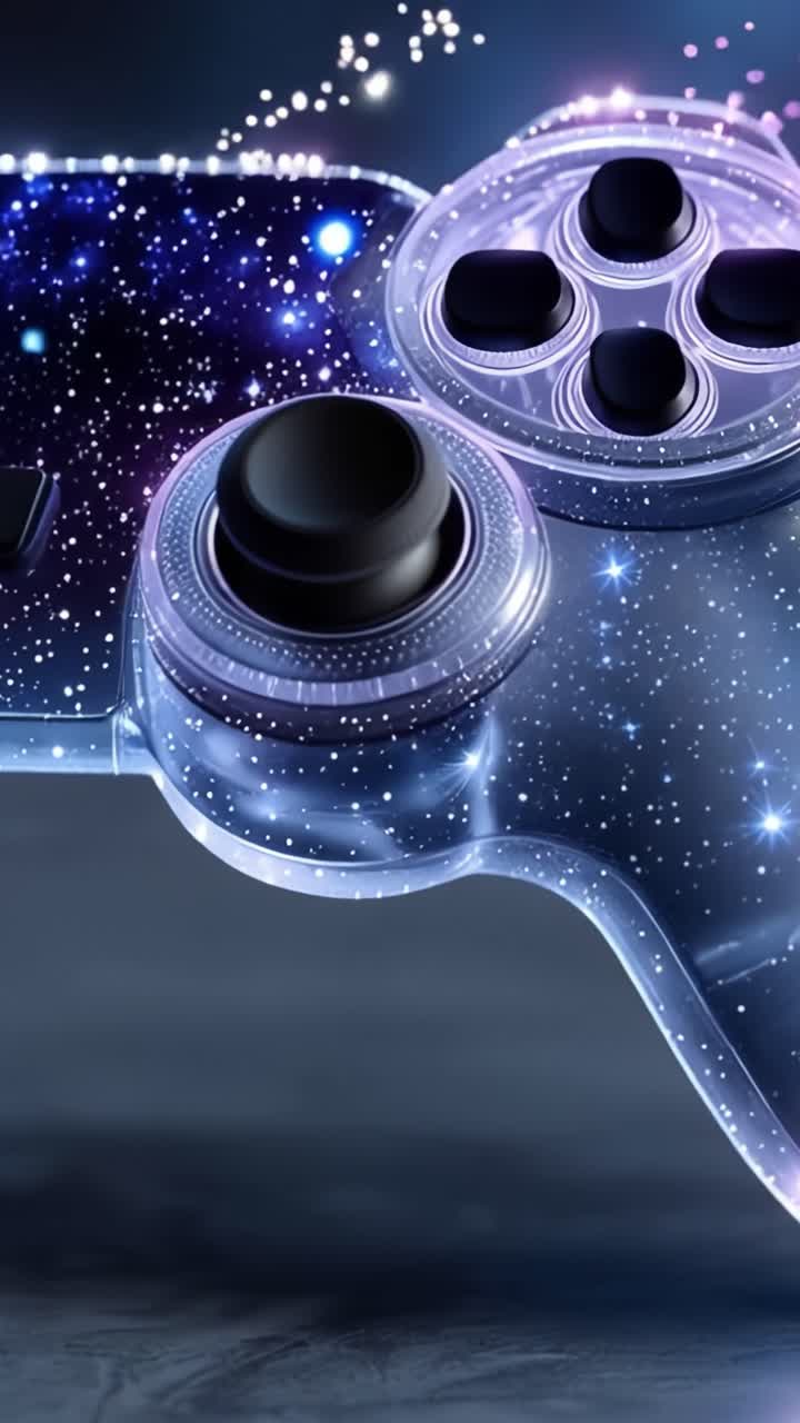 A Futuristic Gaming Controller with Sparkling Cosmic Elements Glowing in a Dark Environment, Representing the Intersection of Technology and Imagination