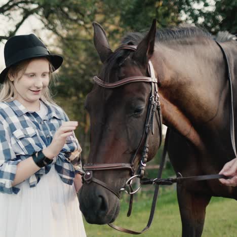 funny girl at a photo shoot with a horse