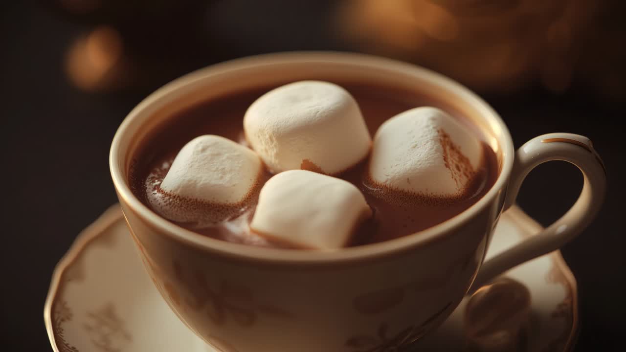 Tazza di porcellana di cioccolata calda che rilascia vapore e marshmallow che si sciolgono su un tavolo di legno, cesto di vimini