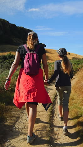mother and daughter hike on path in hilly new zealand landscape, slomo from behind in vertical format