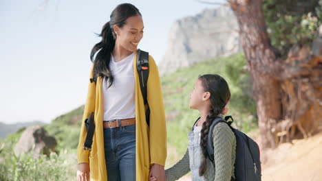 hiking, mother and girl with adventure